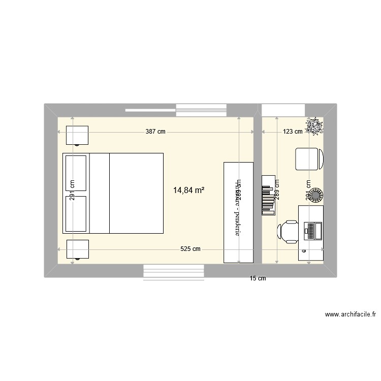 CHAMBRE - Plan 1 pièce 15 m2 dessiné par macjo