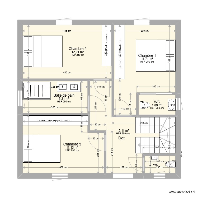 hermes 1 etage. Plan de 6 pièces et 54 m2