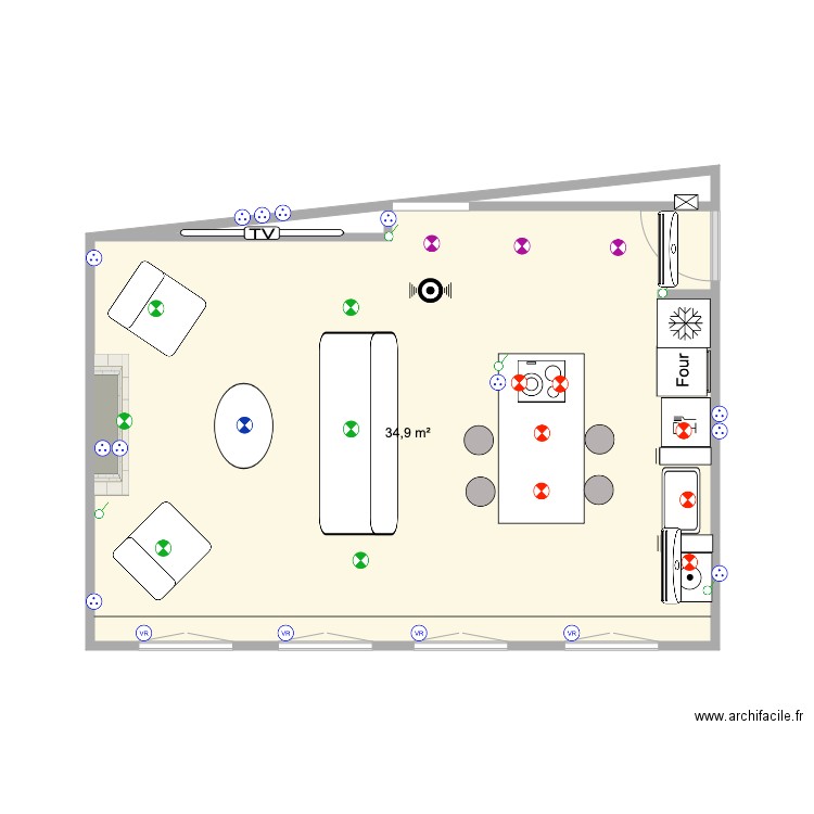 Salon Barre 3. Plan de 1 pièce et 35 m2