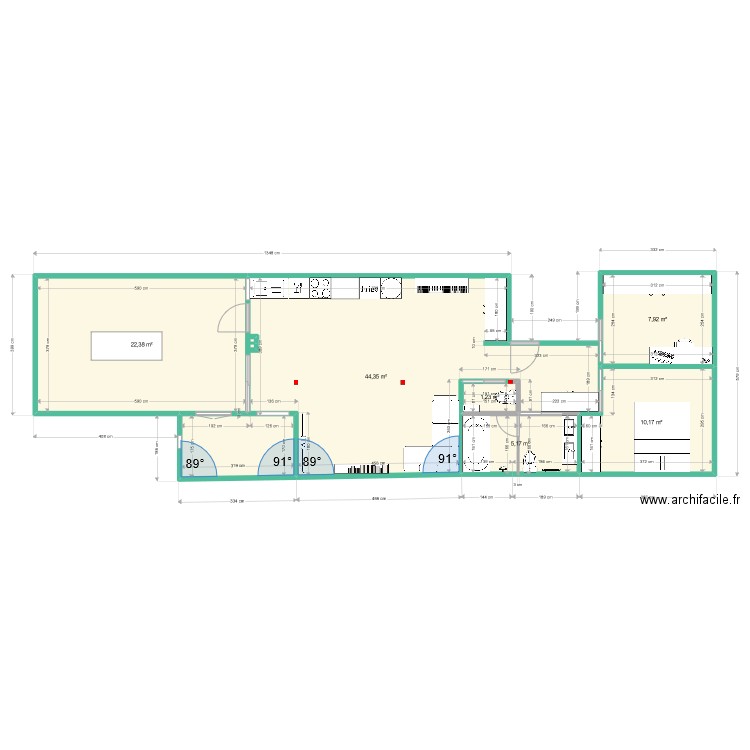 Version finale cuisine en L. Plan de 6 pièces et 91 m2