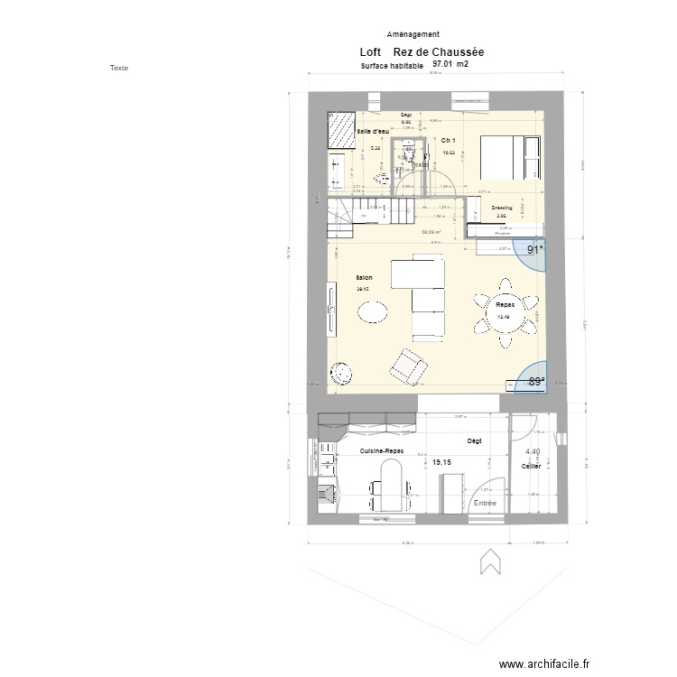 Loft Rde Ch 7. Plan de 2 pièces et 61 m2