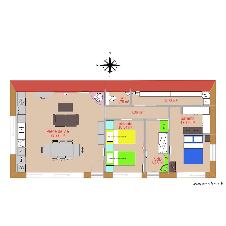 semi enterrer miroir sdb au milieu + chambre parent modif . Plan de 7 pièces et 80 m2