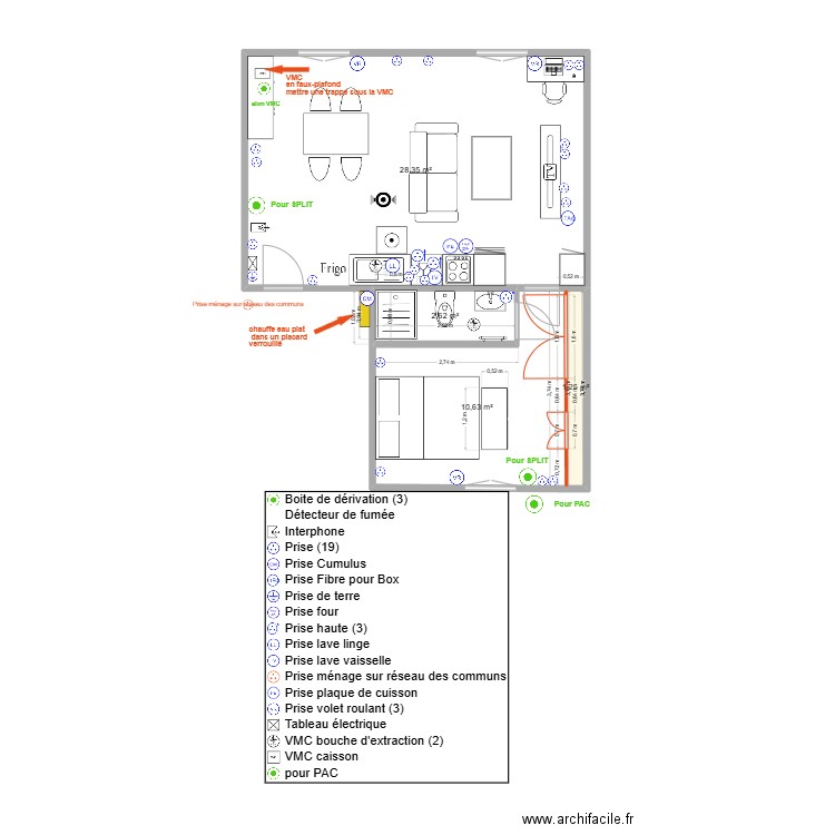 Thuillat T2 1er Projet Elec V1. Plan de 4 pièces et 43 m2