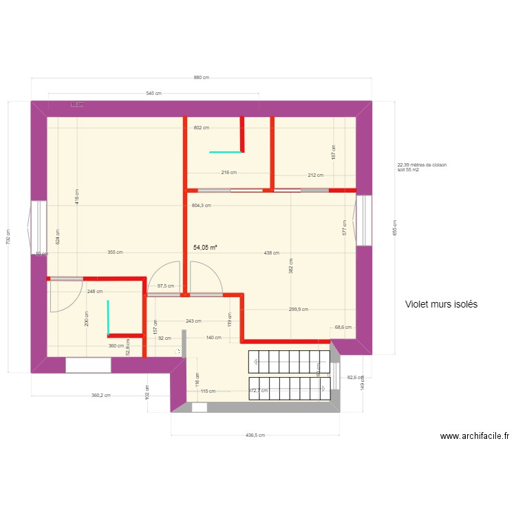 1er cotation cloisons isolation. Plan de 1 pièce et 54 m2