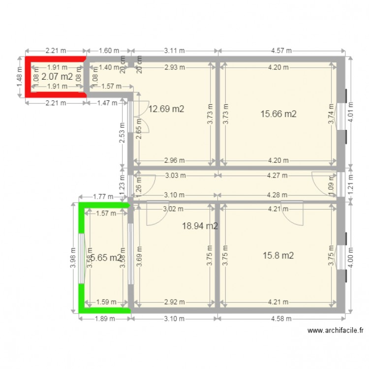 existant avec zones transformées. Plan de 0 pièce et 0 m2