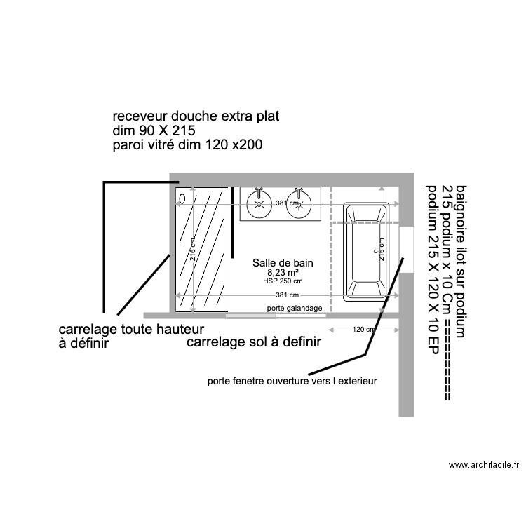 sdb aissa. Plan de 1 pièce et 8 m2