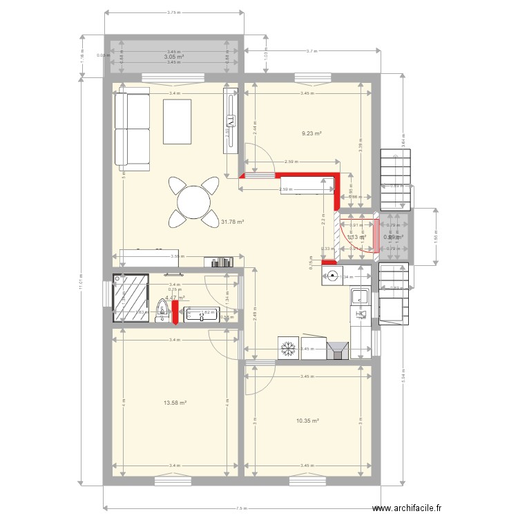 Maison des potiers Version 6. Plan de 8 pièces et 75 m2