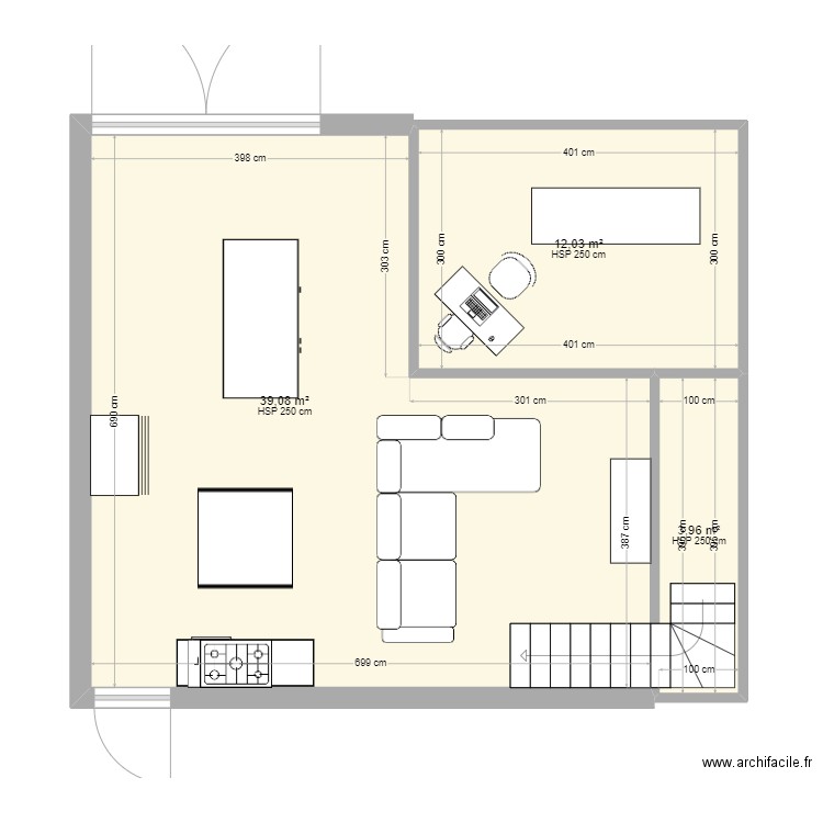 grange. Plan de 3 pièces et 55 m2