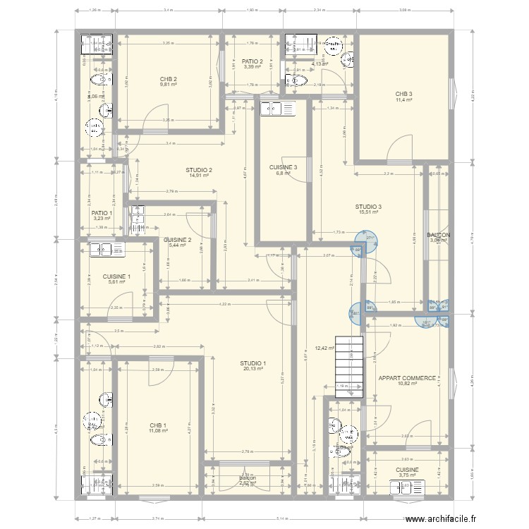 GY 5DEC 1ETG PLOMBERIE. Plan de 20 pièces et 156 m2