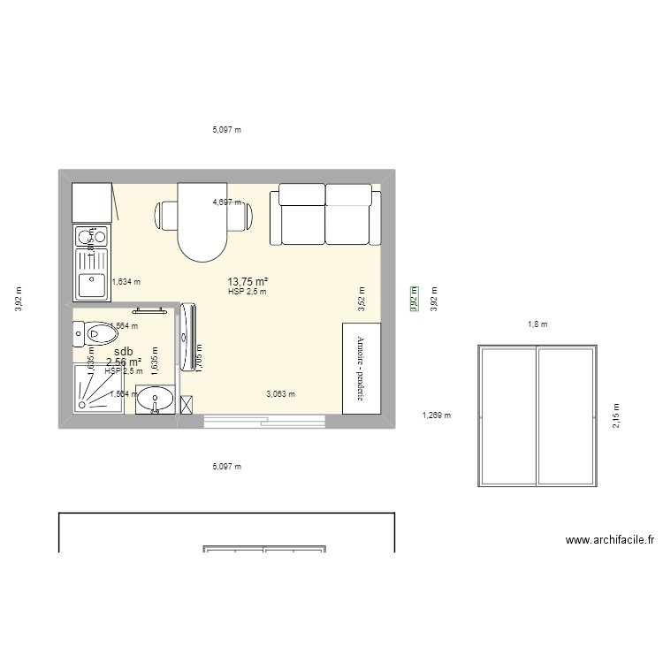 cabanon jardin 2.2. Plan de 2 pièces et 16 m2