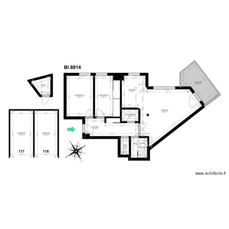 BI 8914. Plan de 16 pièces et 112 m2