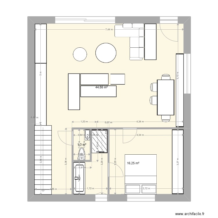 GISELE RDC. Plan de 3 pièces et 62 m2