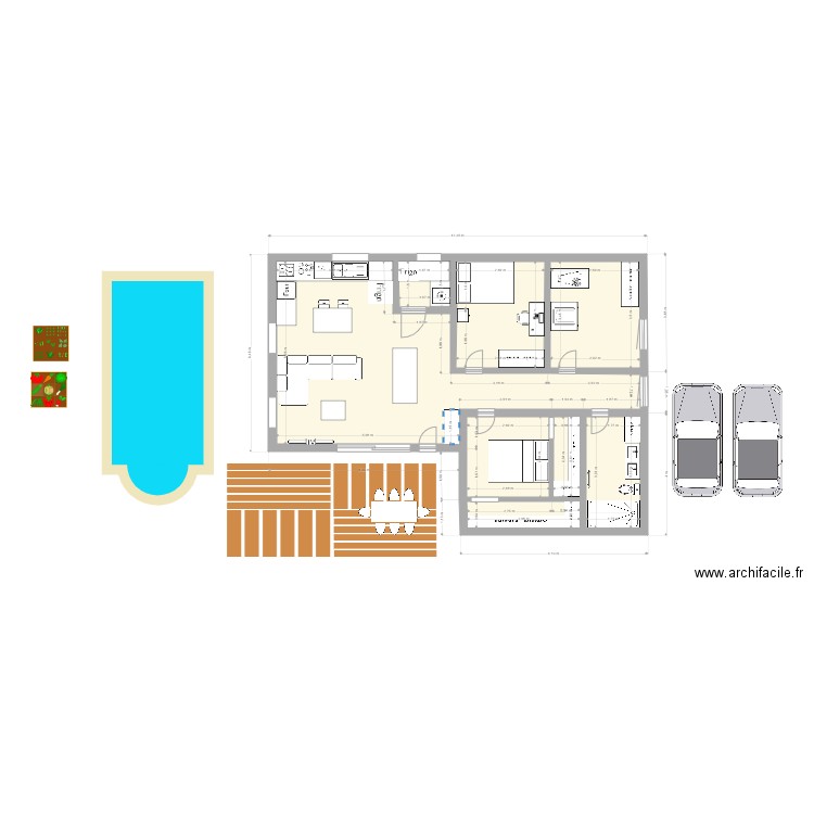 Maison en L 3 chambres. Plan de 8 pièces et 80 m2