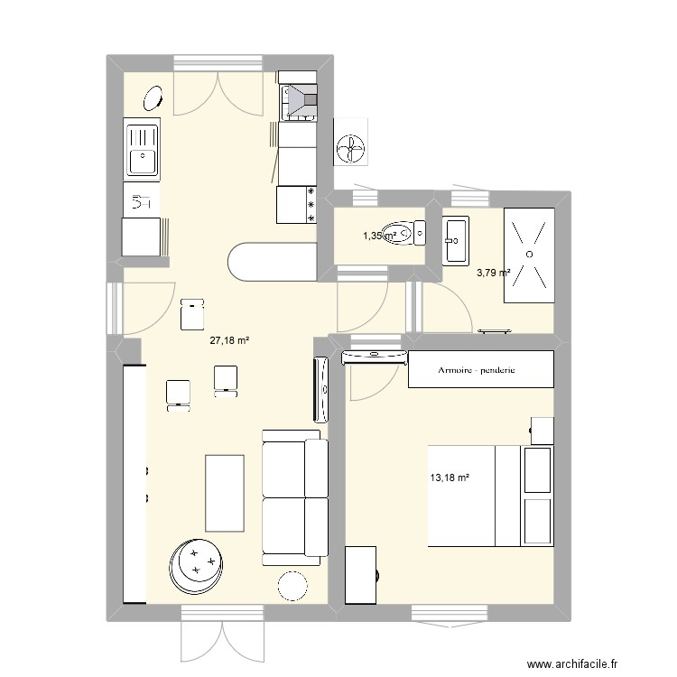 maison 45 m2. Plan de 4 pièces et 46 m2
