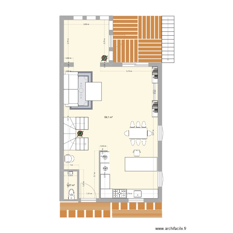 Ma maison rdc. Plan de 2 pièces et 61 m2