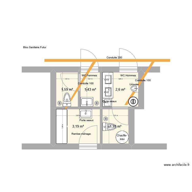 Bloc Sanitaire futur. Plan de 5 pièces et 11 m2