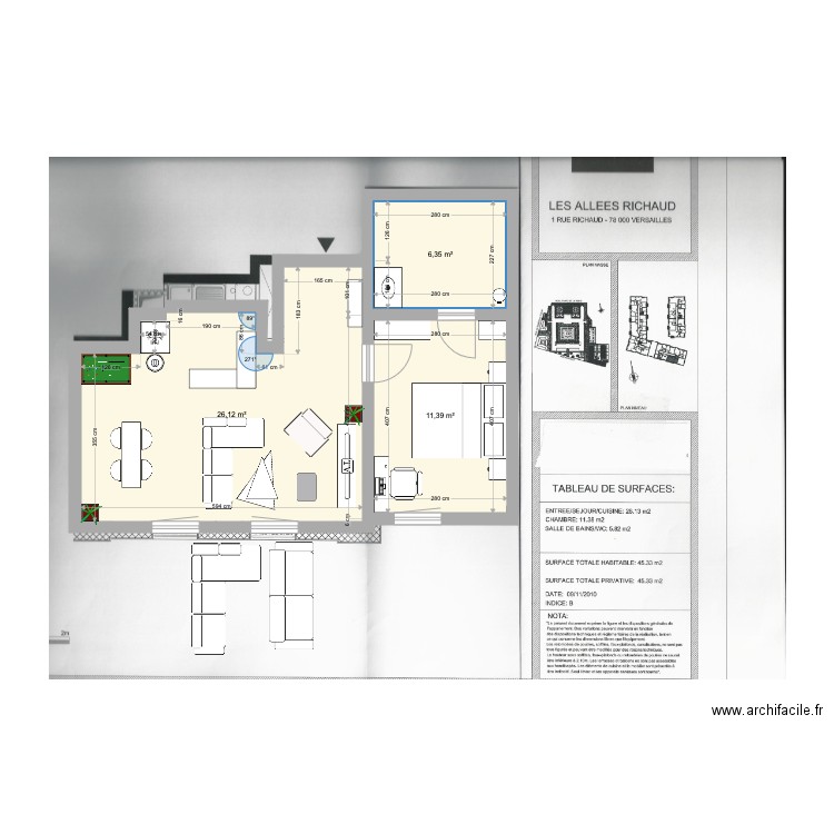 Flat. Plan de 3 pièces et 44 m2