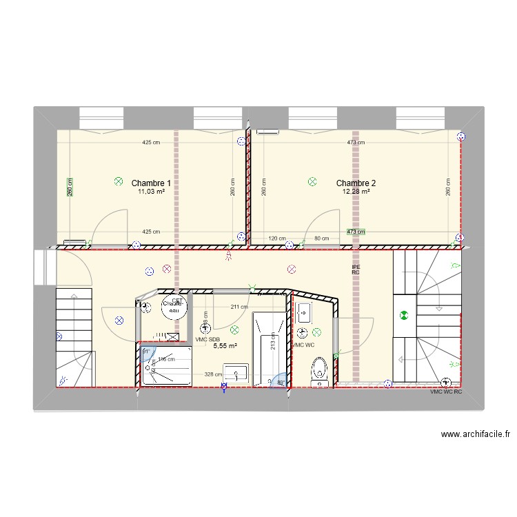 République étage distribution électricité projet 3 CET dans local technique SDB 2023.04.14. Plan de 5 pièces et 102 m2