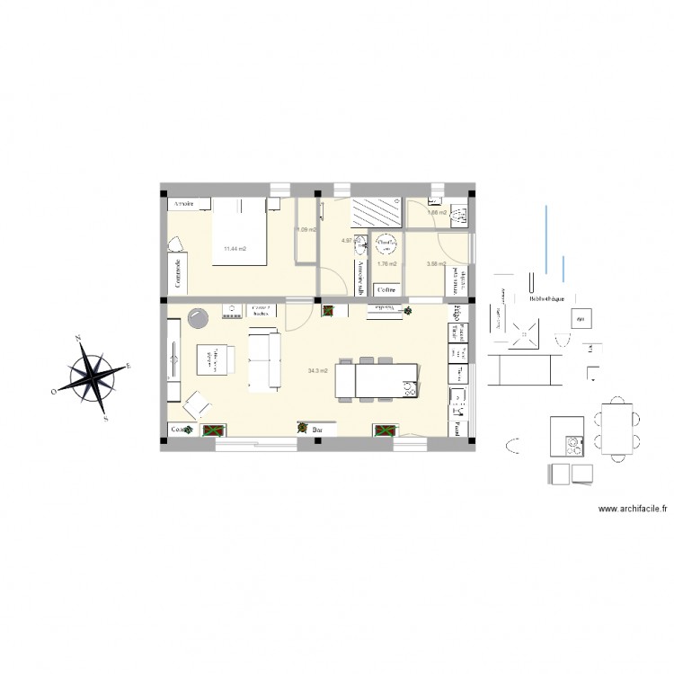 PG appart plain pied hall est SP 58m 2 sections 4.5. Plan de 7 pièces et 59 m2