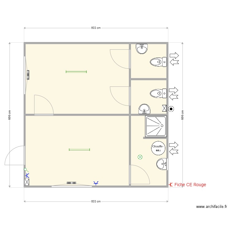 2 wc + 1 douche . Plan de 5 pièces et 34 m2