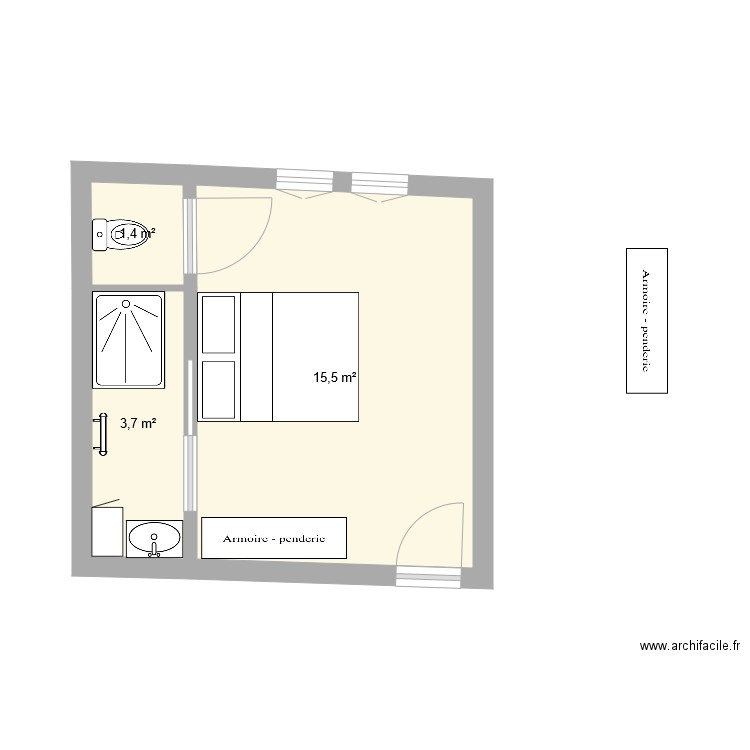 Chambre Bleue n1. Plan de 3 pièces et 21 m2
