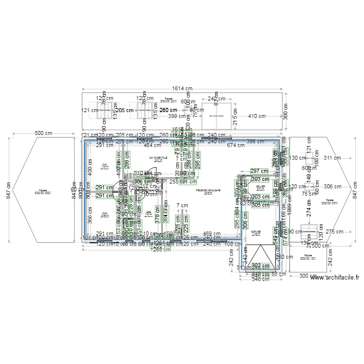 plan 124,77 m2 en L anti-sismique avec COTES. Plan de 9 pièces et 125 m2