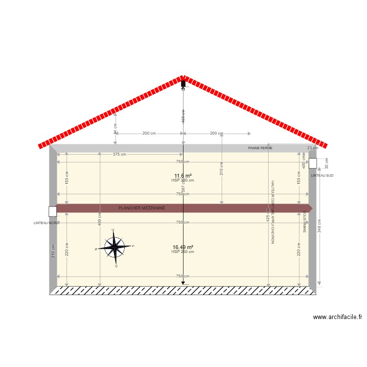 COUPE EO MEZZANINE. Plan de 2 pièces et 28 m2