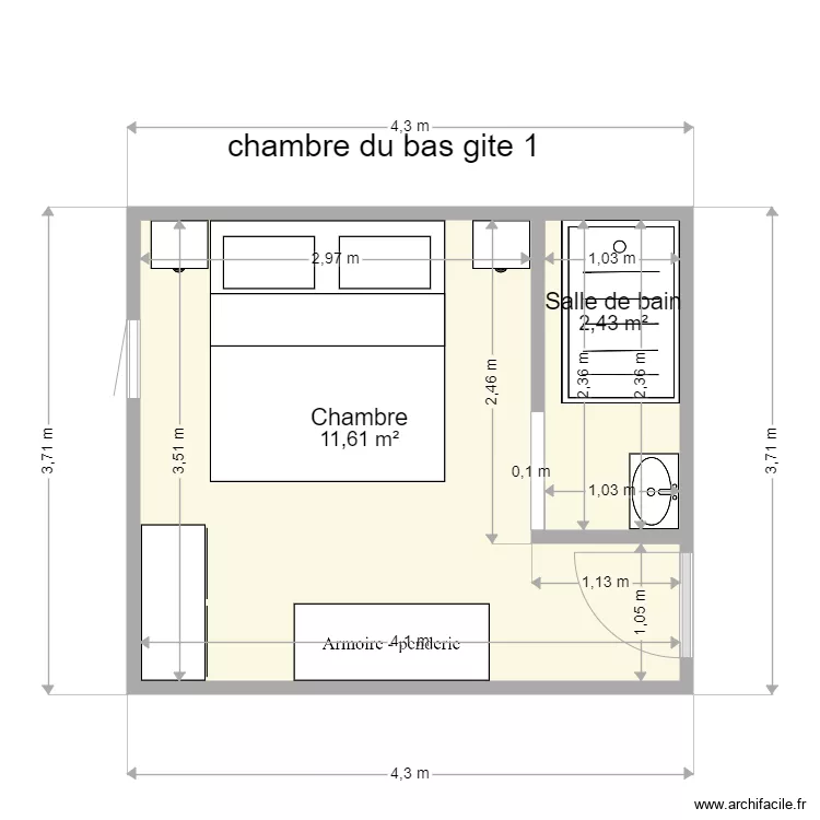 chambre du bas gite 1 meubl&eacute;. Plan de 