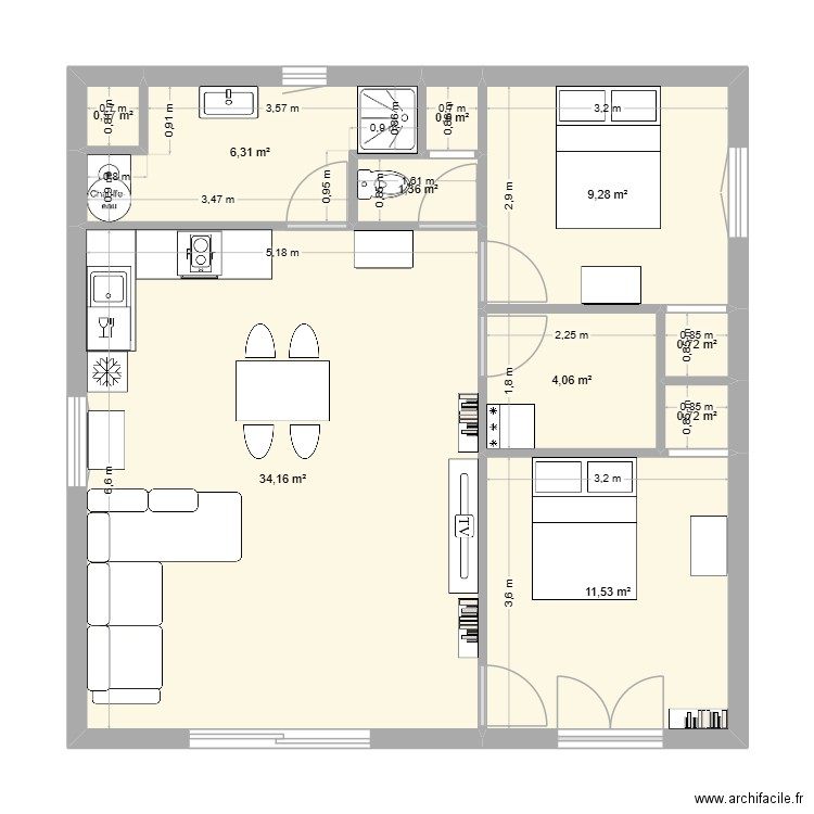 2 ch EST carré. Plan de 10 pièces et 69 m2