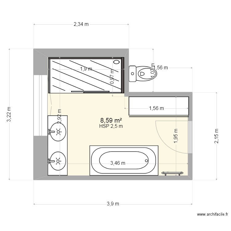 M     salle de bain étage. Plan de 1 pièce et 9 m2