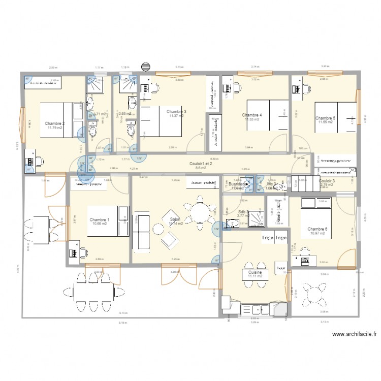 Maison Baduel v13b. Plan de 15 pièces et 118 m2