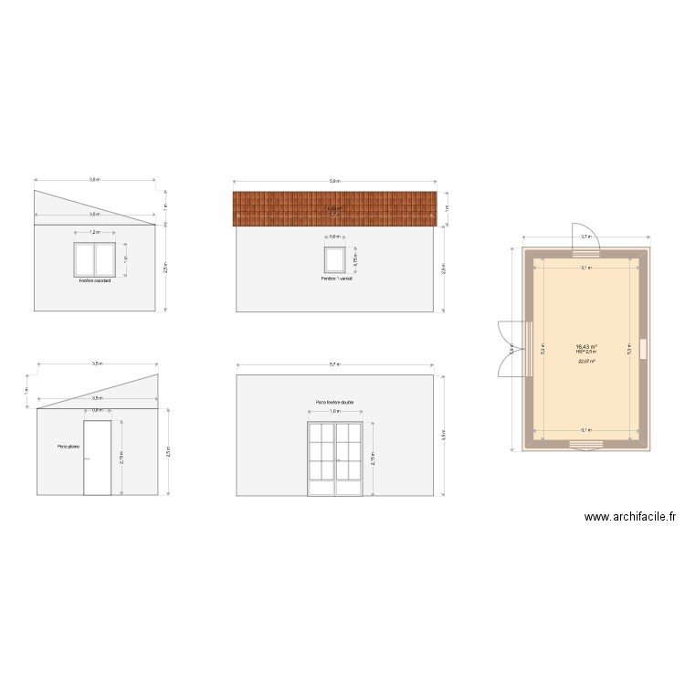 façade. Plan de 1 pièce et 16 m2