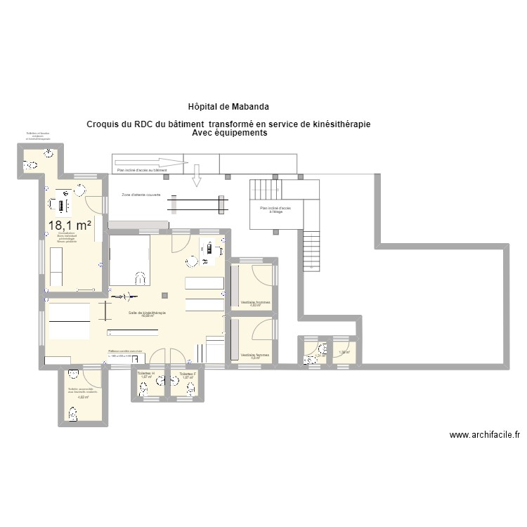 Hôpital de Mabanda - Bâtiment équipé. Plan de 9 pièces et 86 m2