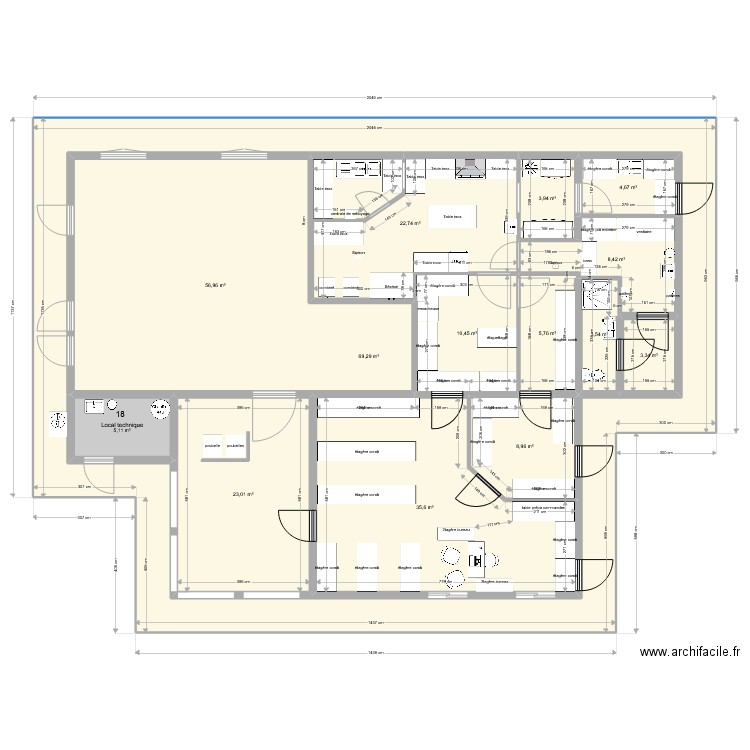 plan atelier de transformation pâtes et cuisine dans meme piece. Plan de 14 pièces et 477 m2