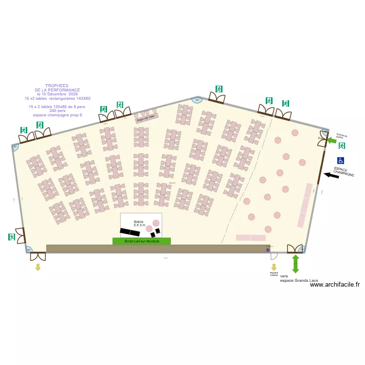 TROPHEES  DE LA PERFORMANCE le 10 D&eacute;cembre  2026 15 x2 tables  rectangulaires 140X60  15 x 2 tables 120x60 de 8 pers  240 pers  espace champagne prop 8.,. Plan de 1  et 584 m²