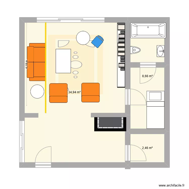 salon. Plan de 3  et 46 m²