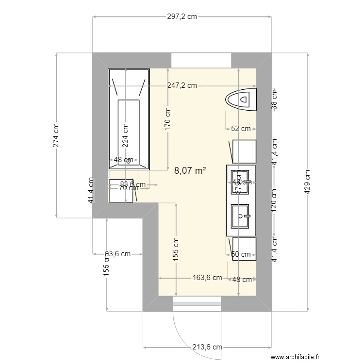 INCOURT sdb. Plan de 1 pièce et 8 m2