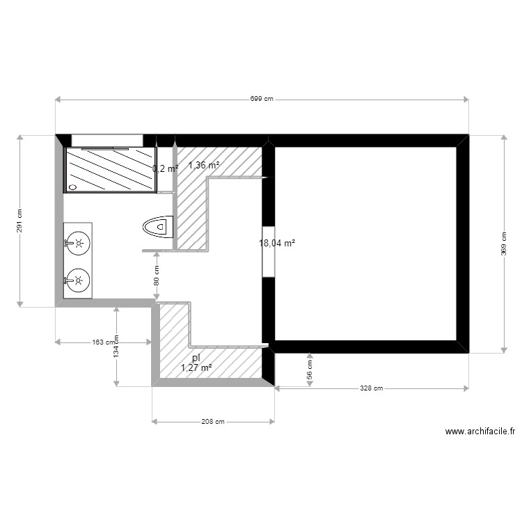 salle de bain version 2. Plan de 4 pièces et 21 m2