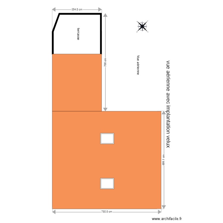 vue aérienne avec toiture et implantation velux v1. Plan de 0 pièce et 0 m2