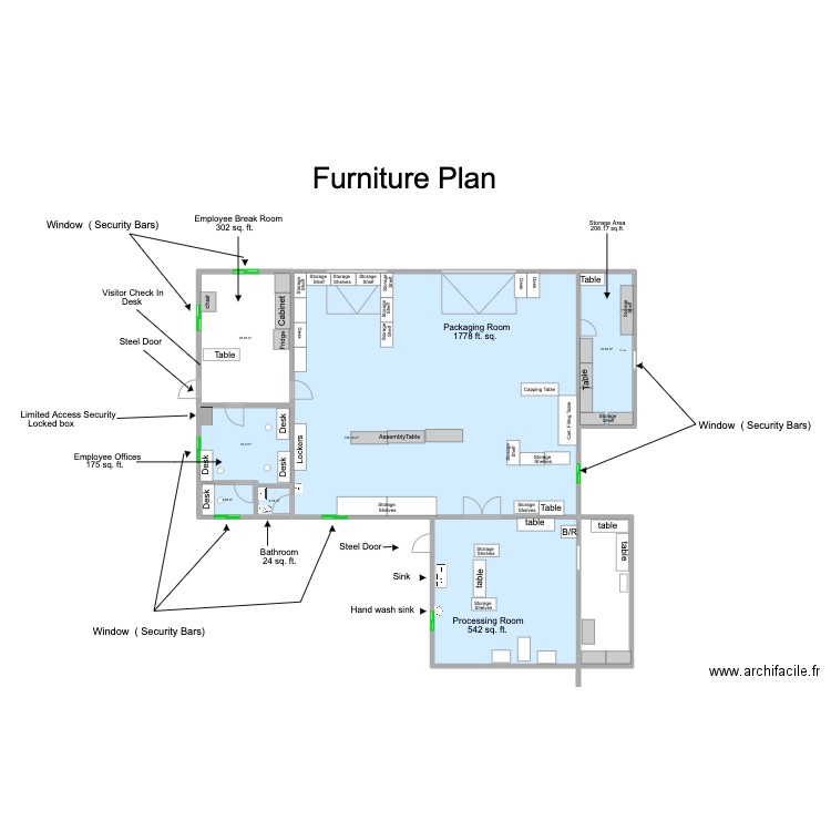 warehouse final Furniture Plan. Plan de 7 pièces et 185 m2