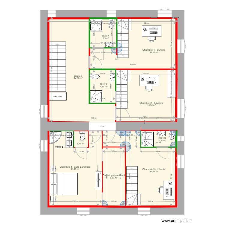 partie nuit situation FINAL. Plan de 10 pièces et 162 m2