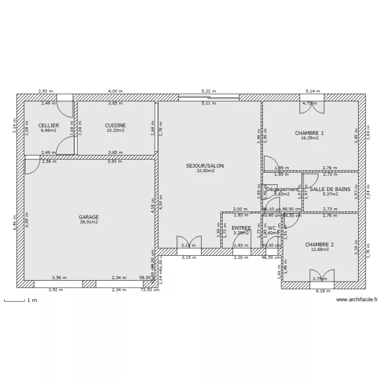 plain pied 2 Chambres et double garage int&eacute;gr&eacute;. Plan de 