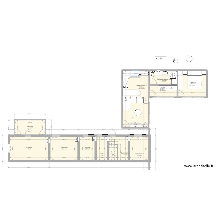 bel oeil plan actuel + greenKub en L. Plan de 12 pièces et 77 m2