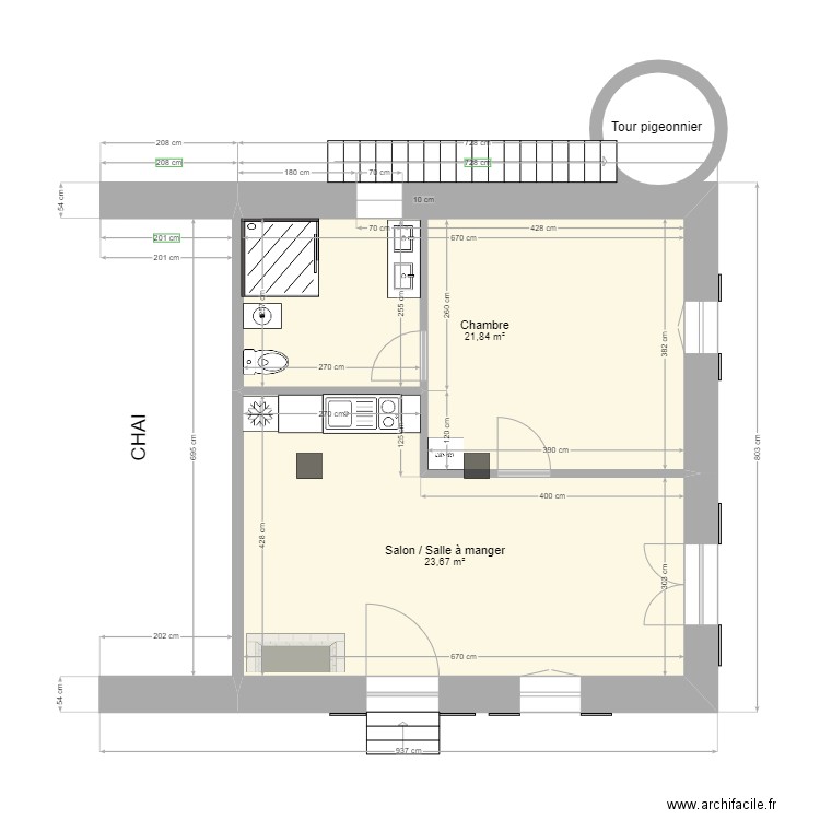 Gite rural dans chai Projet coupe. Plan de 2 pièces et 46 m2