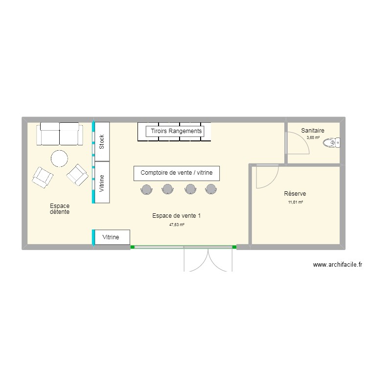 LCV2 - aménagement 1. Plan de 3 pièces et 63 m2