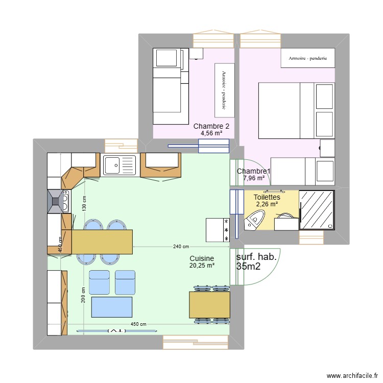 Maison carré 01. Plan de 4 pièces et 35 m2