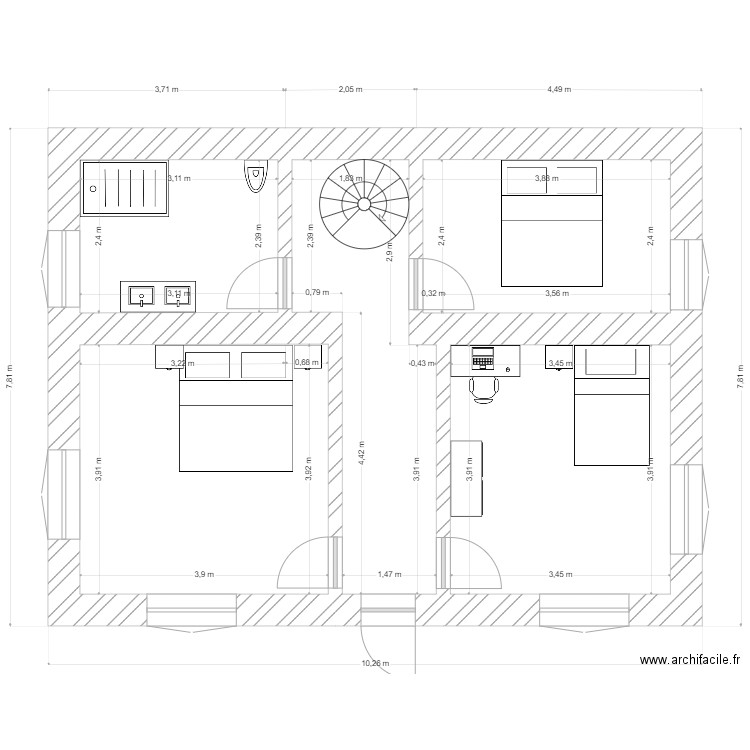 1er étage transformé. Plan de 5 pièces et 56 m2