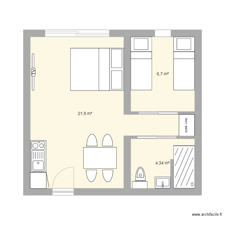 4 personnes standard. Plan de 3 pièces et 33 m2