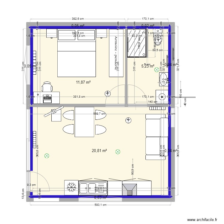 Plan PM 9 meublé. Plan de 9 pièces et 38 m2