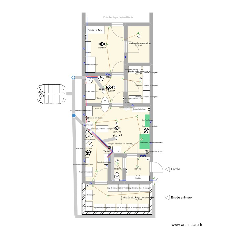 Abattoir. Plan de 8 pièces et 66 m2